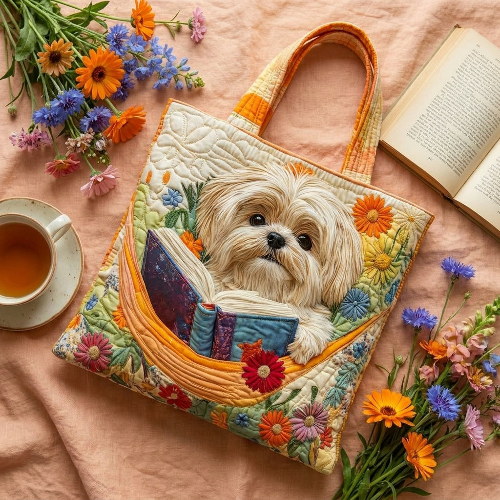 El Yapımı Çanta - Shih Tzu ile Kitaplar ve Çiçekler