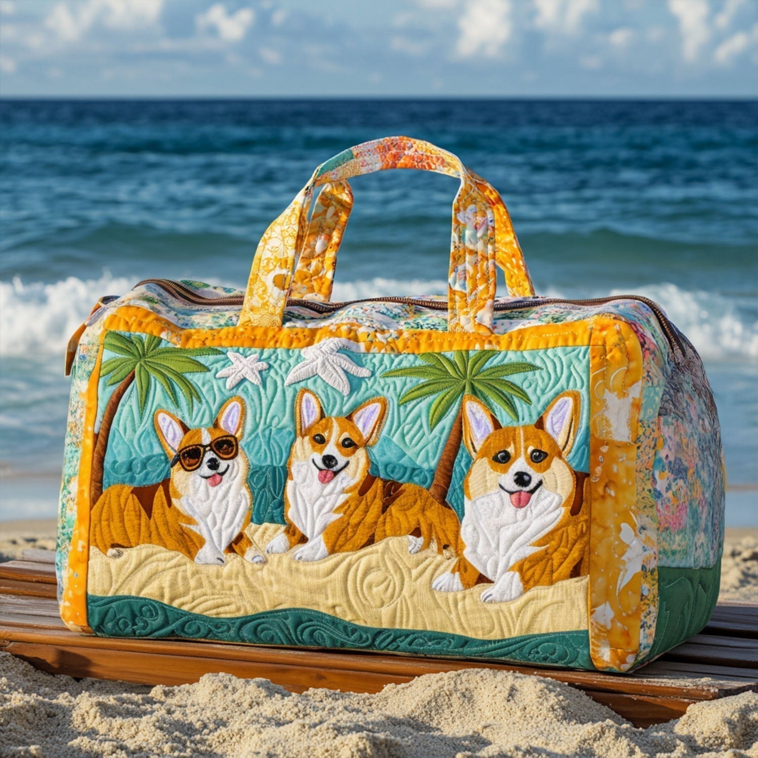 Plajda Corgi Desenli Yastıklı Seyahat Çantası