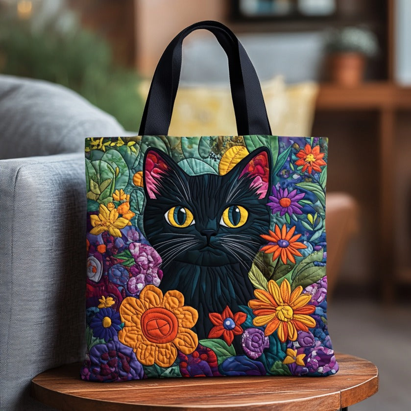 Çiçekli Siyah Kedi Dikişli Tote Çantası