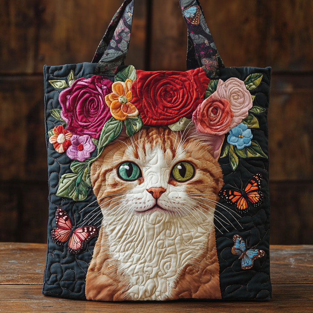 Çiçekli Kedi Dikişli Tote Çantası