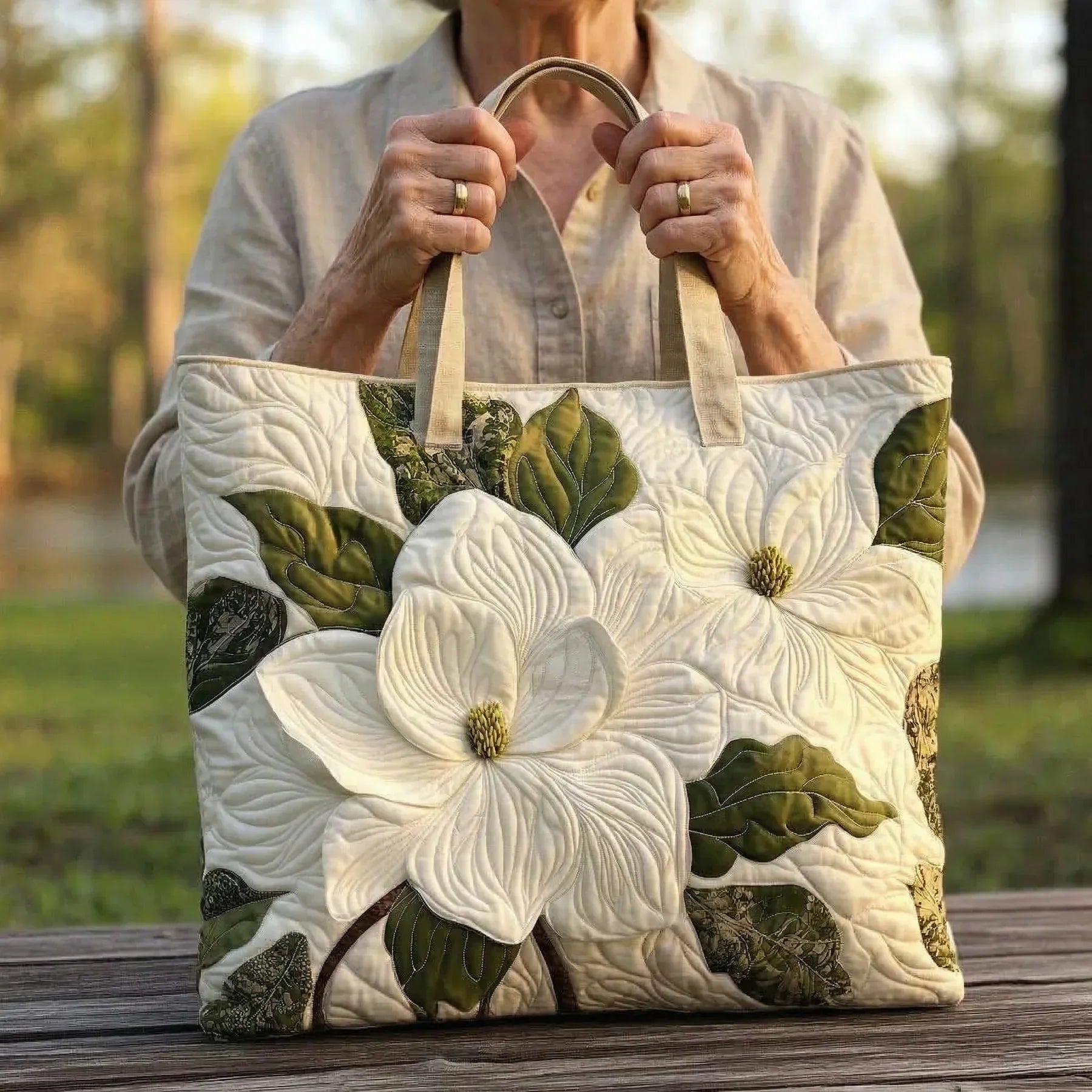 Izšūta Rokas Soma - Elegantās Baltās Lilijas