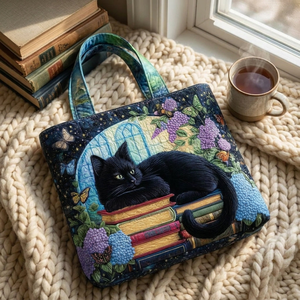 El Yapımı Çanta - Kitapların Üzerinde Siyah Kedi