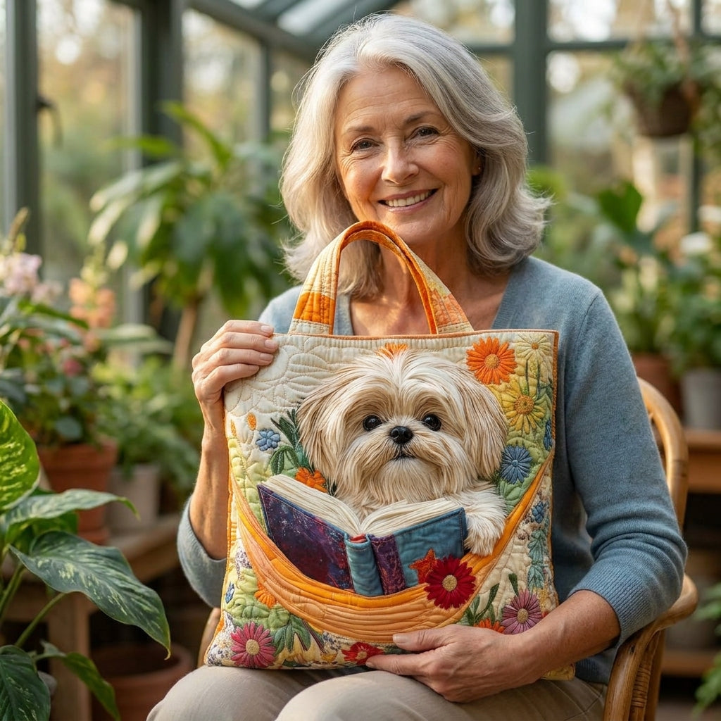 El Yapımı Çanta - Shih Tzu ile Kitaplar ve Çiçekler