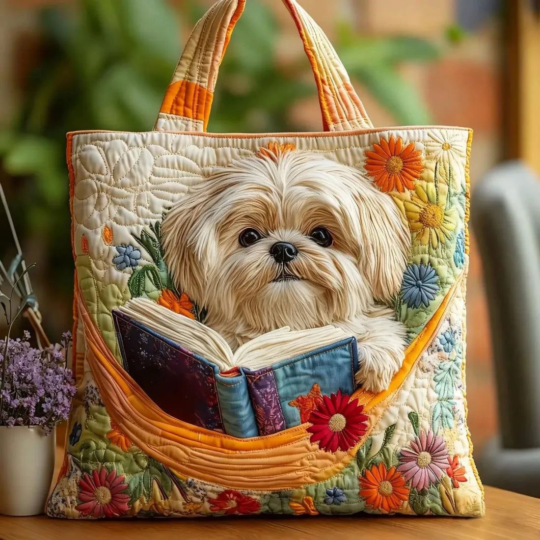 El Yapımı Çanta - Shih Tzu ile Kitaplar ve Çiçekler