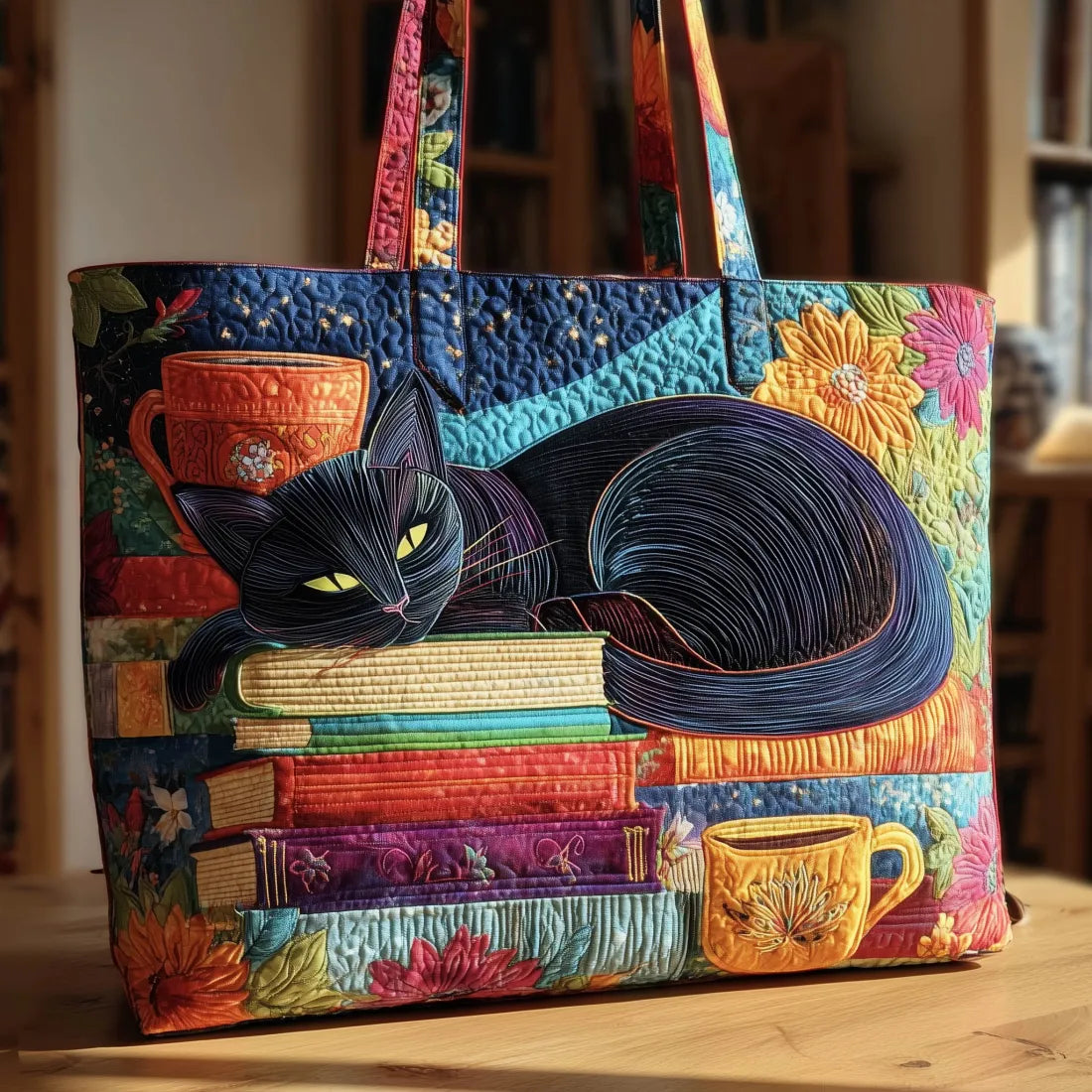 Artisan Çanta - Kitaplar ve Kupalarla Siyah Kedi