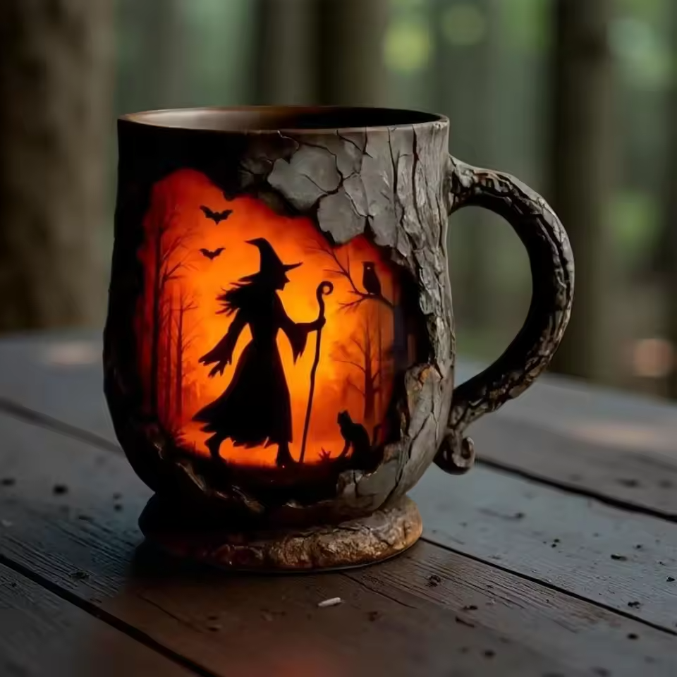 Mākslinieciska 3D Halloween krūze – ar raganas un kaķa dizainu