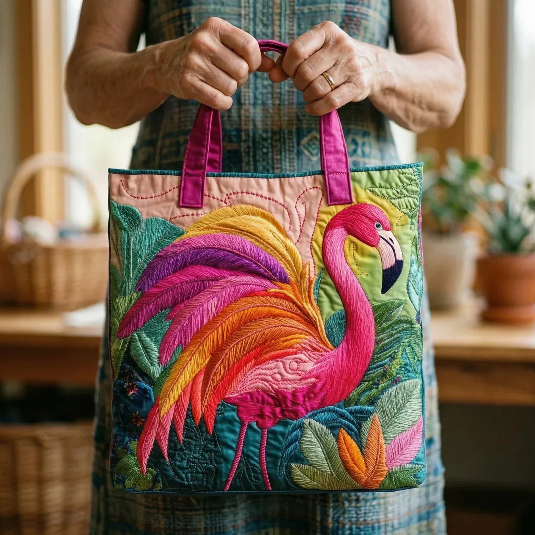 Yastıklı Tote Çanta - Gökkuşağı Flamingosu