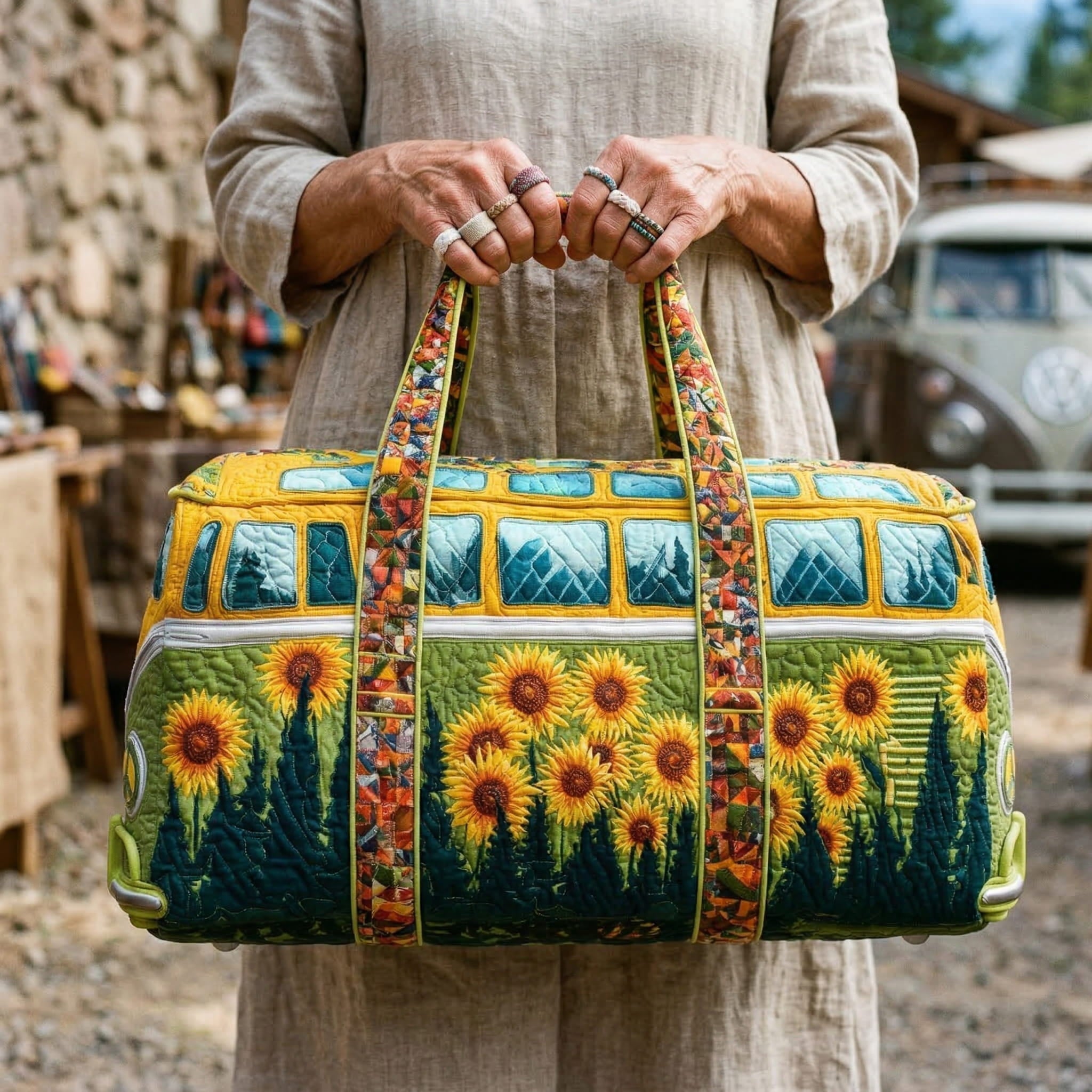 Ceļojumu soma ar quiltu Boho saulespuķe